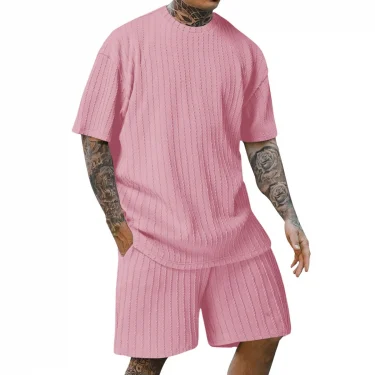 Men's new fashion summer sports solid color crew-neck vertical stripe T-shirt shorts short-sleeved suit 5