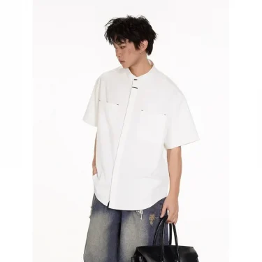 New Chinese-style Stand-up Collar Ice Silk Shirt Men Summer Trendy Engagement Outfit National Style Five-point Half-sleeve Shirt 1