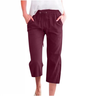 Pants For Women Casual Summer Solid Color Elastic High Waist Cotton And Linen Loose Pants Drawstring Pocket Mid Leg Pants 2
