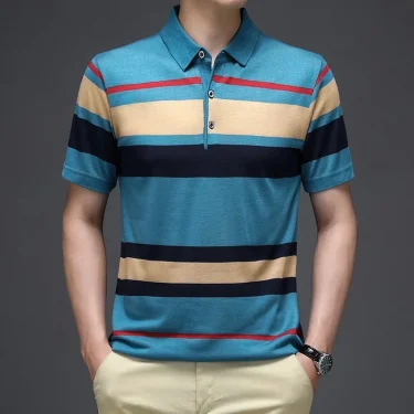 2024 Summer New Men's Knitted Stripe Short Sleeved POLO Shirt Comfortable and Cool Casual Fashion T-shirt 1