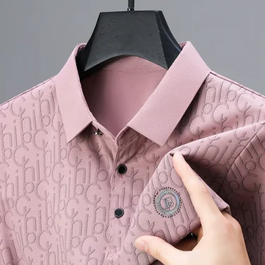 New Men's Business Casual Short Sleeved Shirt with Badge Solid Color Polo Shirt Fashionable Breathable Comfortable Versatile Top 5
