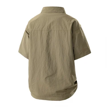 New Mens Cotton Shirt Short Sleeve Cargo Shirts Cotton Casual Solid Shirt Man Pocket Work Shirt Green Khaki Hiking Fishing 2