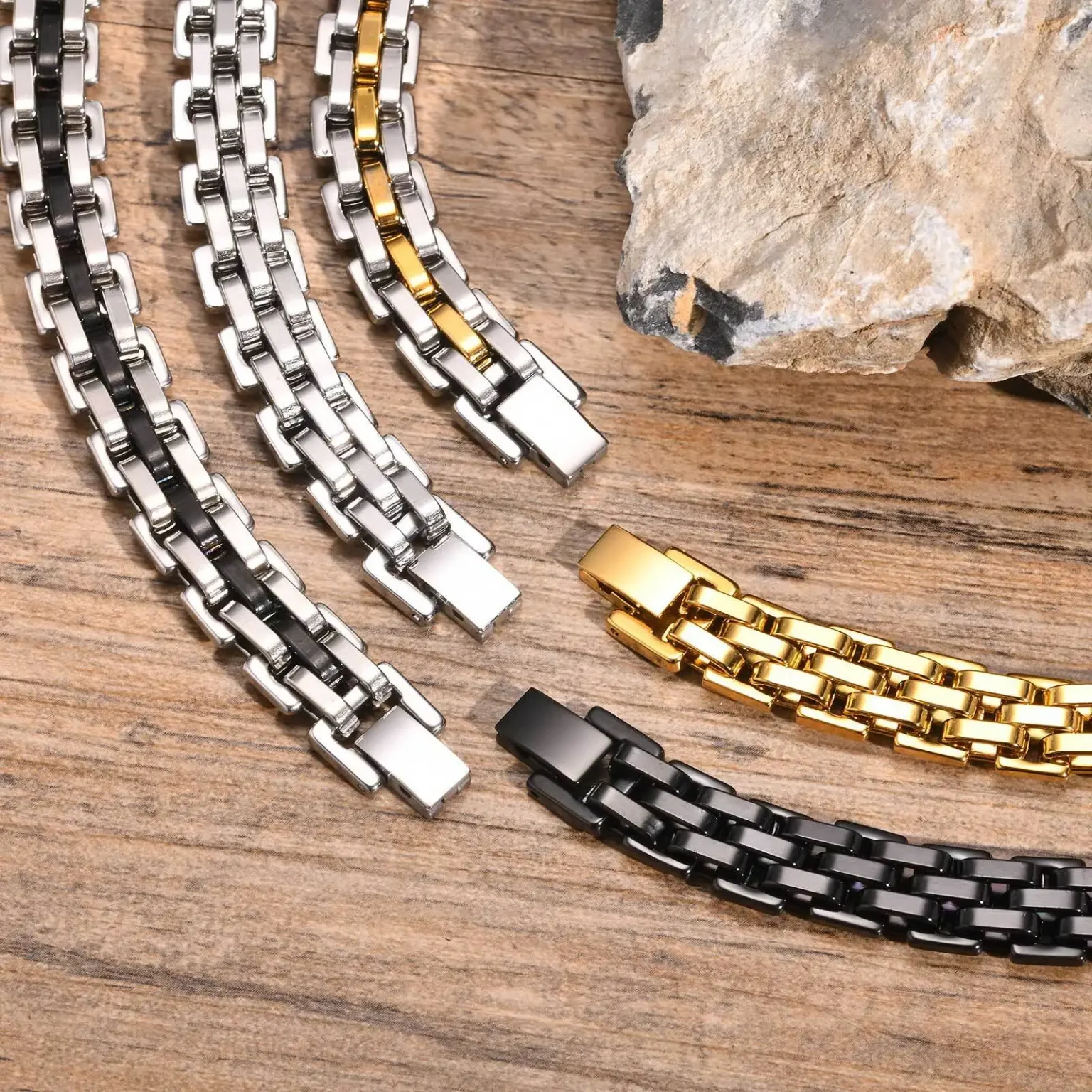 Vnox 11mm Watchband Shaped Chain Bracelet for Men Teens Boys,Strap Chain Bracelets, Black Silver Color Stainless Steel Wristband 6