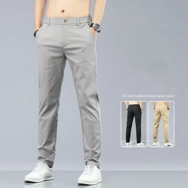 Spring Summer Cotton Men Casual Pants Elastic Waist Business Korean Fashion Straight Classic Solid Color Trousers Black Khaki 2