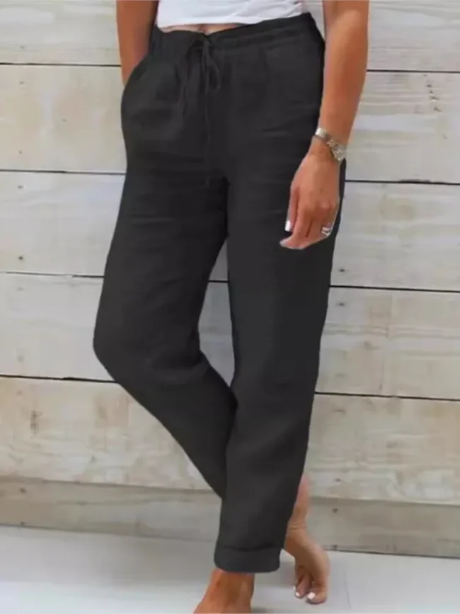 Women's High Waist Solid Color Cotton Linen Casual Pants Fashion Summer Female Holiday Casual Long Pant New 3