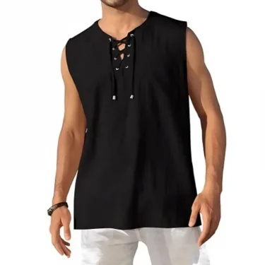 Men's Lightweight Tank Tops Sleeveless BreathableT-Shirt Lace-up Design Solid Color Shirt Loose Fit Vest Daily Vest Men Clothing 6