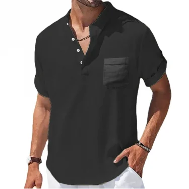 New Men's Short Sleeve Breathable T-shirts Summer Solid Color Basic Pocket Shirts for Men Oversized Half Button Linen Streetwear 2