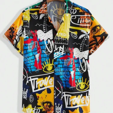 Men's Lapel Shirts Women's Irregular Pattern Print Design Casual Short Sleeve Button-Down Shirts Casual Tops 1