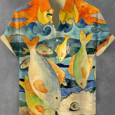 Summer Men's Casual Sea Life Graphic Short Sleeved Shirt Button Down Lapel Shirts Oversized Tops Casual Hawaiian Shirt for Men 3