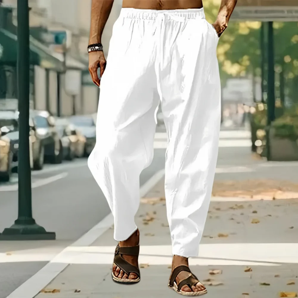 New Men Cotton Linen Pants Summer and Autumn Solid High Waist Wide-Leg Trousers Male Loose Hemp Casual Breathable Sports Pants 3