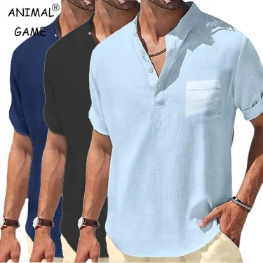 New Men's Short Sleeve Breathable T-shirts Summer Solid Color Basic Pocket Shirts for Men Oversized Half Button Linen Streetwear 1