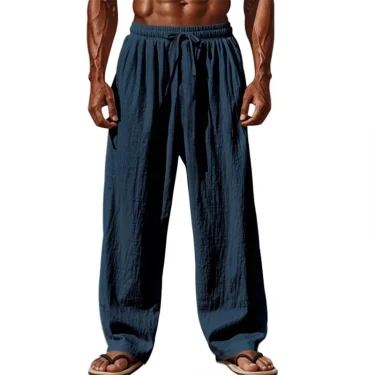 2025 New Men's Cotton and Linen Casual Pants Simple and Comfortable Straight Leg Pants Waist Drawstring Plus Size Looser 5