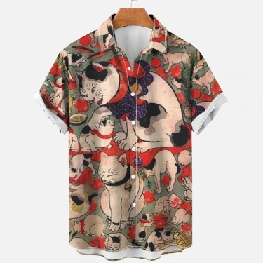 Cartoon Animal Cat Print men's Shirts Summer Anime Vintage Clothing Lapel Hawaiian Beach Shirt Men's Casual Short Sleeved Tops 2