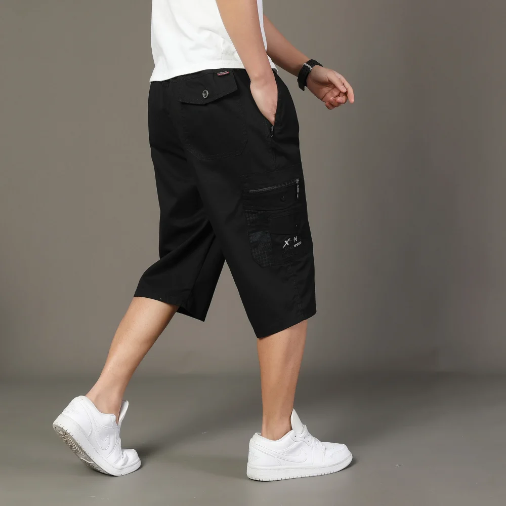 3/4 Loose Cargo Shorts Men Cotton Outdoor Hiking Man Keen Length Summer Breathable Elastic Waist Drawstrring Short Pants 4