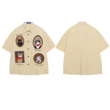 HELLOMARCEL Top Quality EU US Size Luxury Streetwear Men Summer Oversized Leisure Funny Cat Embroidery Short Sleeved Shirt 5