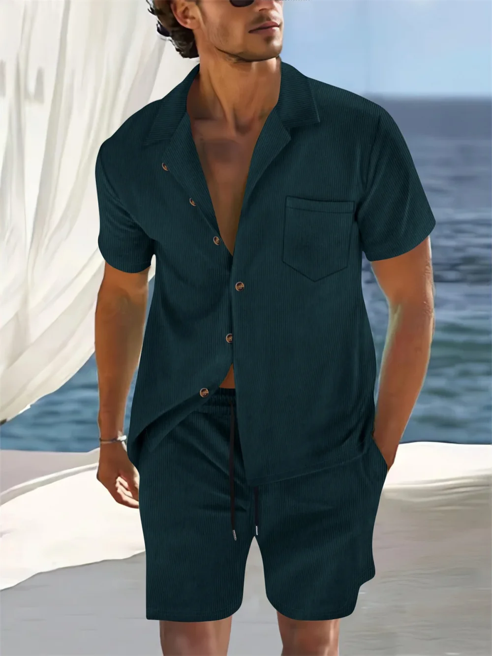 Cuban-style striped short sleeve cardigan shirt top + shorts Men's business casual suit, suitable for seaside vacation 6