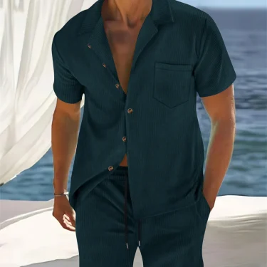 Cuban-style striped short sleeve cardigan shirt top + shorts Men's business casual suit, suitable for seaside vacation 6