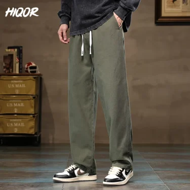 HIQOR Men Casual Pants Fashion Jogger Pant Loose Straight Wide Leg Trousers Cotton Vintage Cargo Pants Man Solid Streetwear Men 3