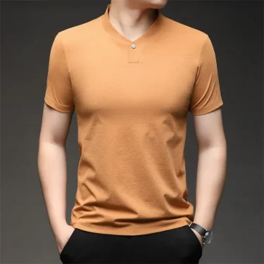 2025 Korean Style Men's Casual and Fashionable One Button V-neck Solid Color Short Sleeved T-shirt Summer Versatile Top 3