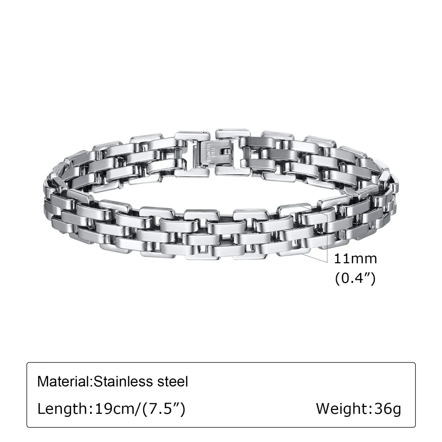 Vnox 11mm Watchband Shaped Chain Bracelet for Men Teens Boys,Strap Chain Bracelets, Black Silver Color Stainless Steel Wristband 4