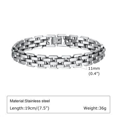 Vnox 11mm Watchband Shaped Chain Bracelet for Men Teens Boys,Strap Chain Bracelets, Black Silver Color Stainless Steel Wristband 4