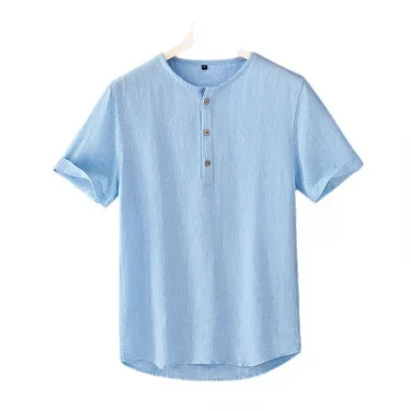 New summer stand-up collar pure linen short-sleeved shirt men's slim pullover men's breathable shirt linen round neck T-shirt 3