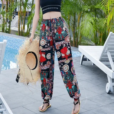Women's Mosquito-proof Cotton Silk Beach Summer Casual Flower Pants Artificial Cotton Summer Sleeping Pants Thin Adult Bloomers 4