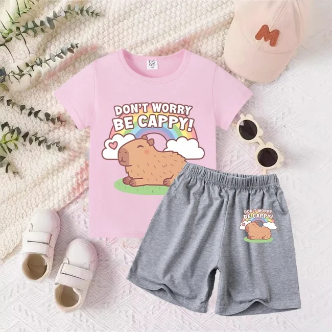 Capybara Baby T-Shirt Shorts Suit Boys Girls Summer Clothes Outfit Tracksuit Cartoon Anime Printed Tees Kids Pajamas Sets Gift 5