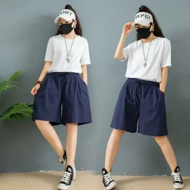 Summer Women's Cotton Linen Wide-leg Shorts Fashion Solid Joker Casual Elastic Waist Lace-up Short Pants Holiday Beach Shorts 5