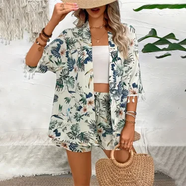 Two Piece Set For Women Outfits Open-front Cardigan Smock Flower Printed Beach Shorts Summer Suits Female Clothing Beachwear 2