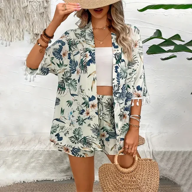 Two Piece Set For Women Outfits Open-front Cardigan Smock Flower Printed Beach Shorts Summer Suits Female Clothing Beachwear 2