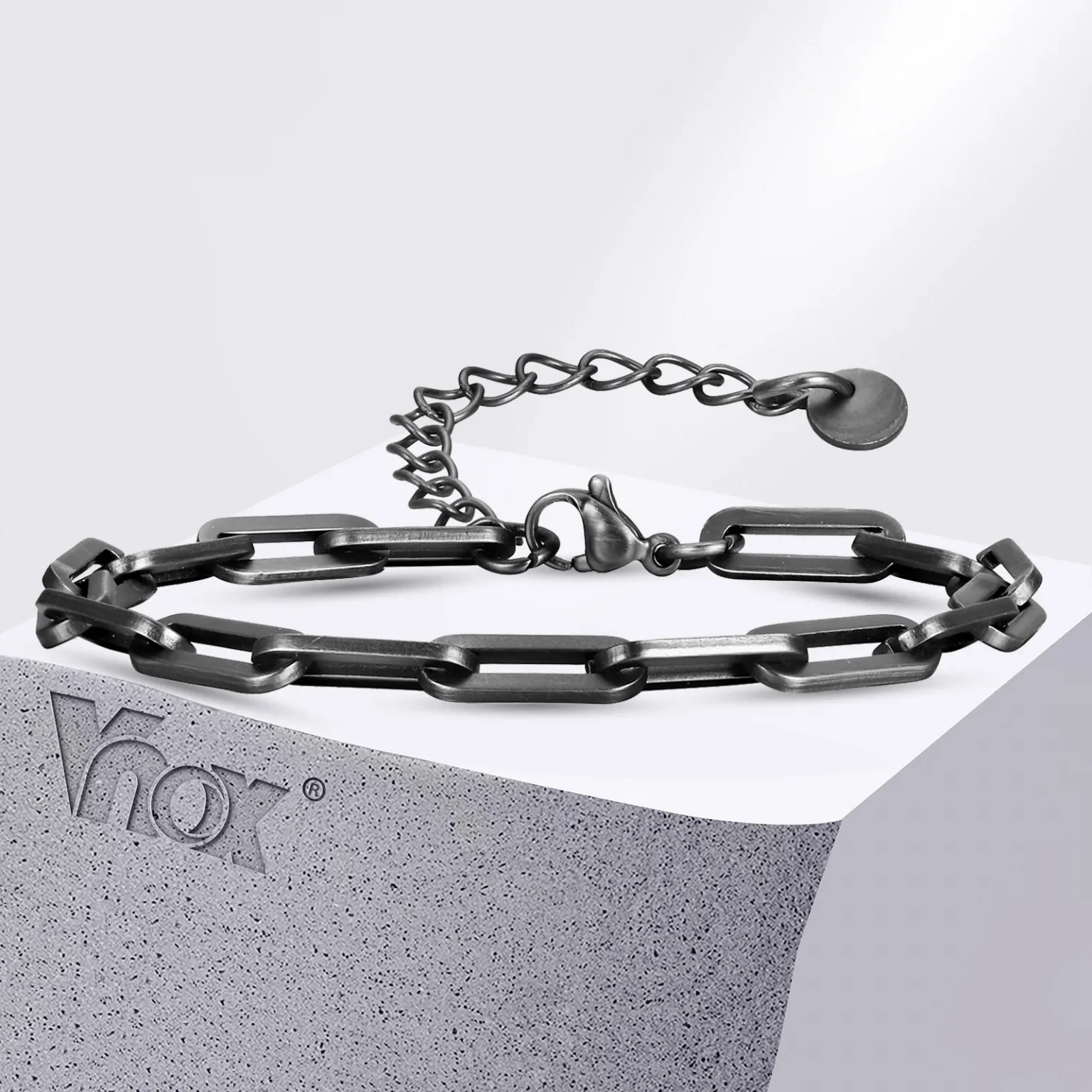 Vnox Unisex 5mm Rectangular Link Chain Bracelets, Adjustable Black Paperclip Chain Wristband Jewelry Gift for Men Women 1