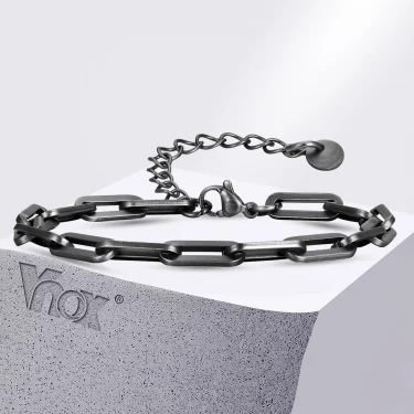 Vnox Unisex 5mm Rectangular Link Chain Bracelets, Adjustable Black Paperclip Chain Wristband Jewelry Gift for Men Women 1