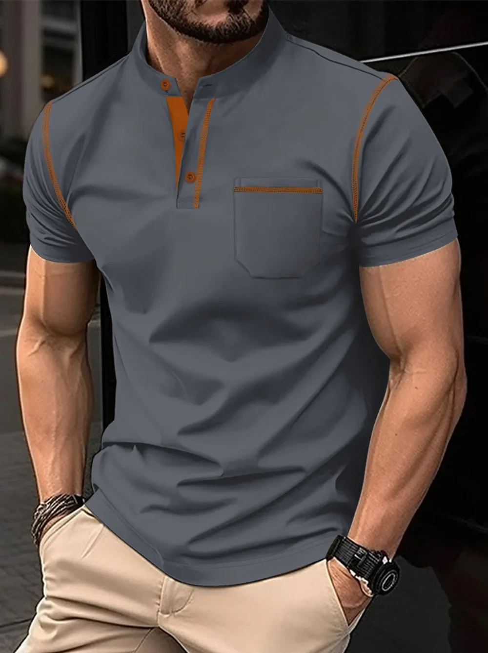 Summer New Men Henry collar short sleeve golf POLO shirt personality pocket style casual breathable sports street fashion top 5