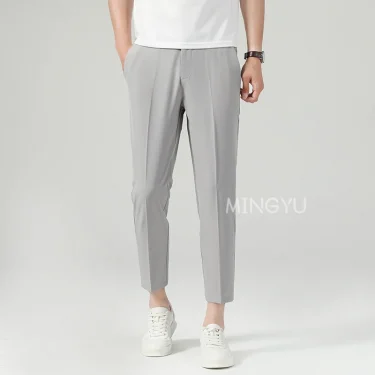 New Summer Thin Suit Pants Men Business Elastic Waist Formal Korean Social Slim Work Office Ankle Length Long Trousers Male 2