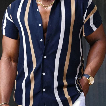 Men'S Striped Printed Shirt Simple And Fashionable Short Sleeved Button Neck Beachwear Commuting Style Men'S Casual Shirt Top 1