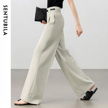 SENTUBILA Straight Pants Woman 2025 Spring Full-length High-waist Solid Folds Office Workwear Trousers with Belt 151K59377 3