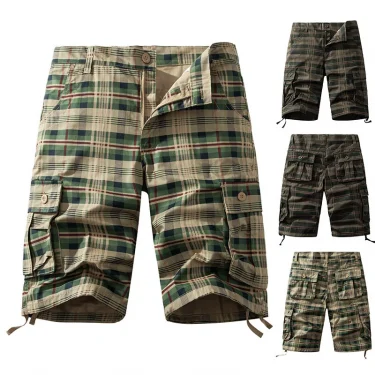 Men's Summer New Multi Pocket Pure Cotton Shorts Fashionable Plaid Casual Loose Shorts Outdoor Sports Wear Resistant Shorts 4