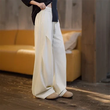 Maden Casual White Cleanfit Pleated Pants Women Elastic Waist Wide Leg Cargo Sweatpants Floor-Length Trousers Versatile Bottoms 3