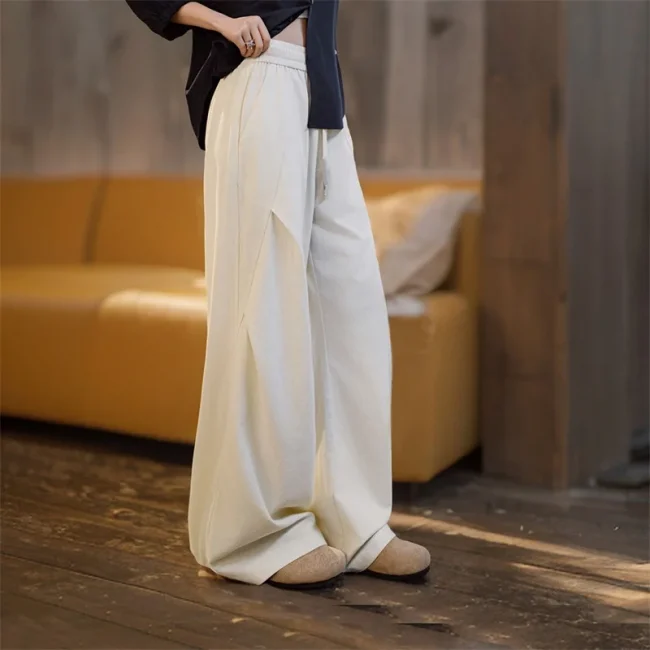 Maden Casual White Cleanfit Pleated Pants Women Elastic Waist Wide Leg Cargo Sweatpants Floor-Length Trousers Versatile Bottoms 3