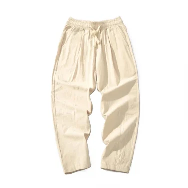 Summer Men Cotton Trousers Casual Solid Color Long Pants Breathable Drawstring Straight Streetwear Harem Pants Men Baggy Pants 3