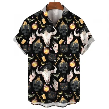 2024 New Men's Shirts Mysterious Totem Print Casual Handsome Men's Lapel Tops Large Size Men's Short Sleeve Shirts Loose 3