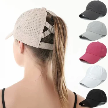 Summer Solid Color Baseball Caps Golf Wear Women Sport Leisure Cross Ponytail Hat Mesh Quick-Drying Half-Hollow Men's Peaked Cap 1