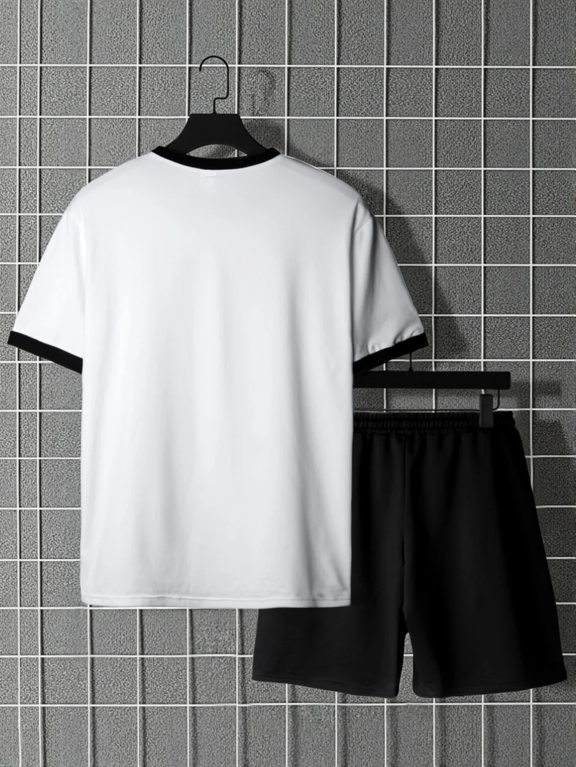 Short Sleeve Shorts Set, White t-shirt and Black Drawstring Shorts Sets, Men's Set 2