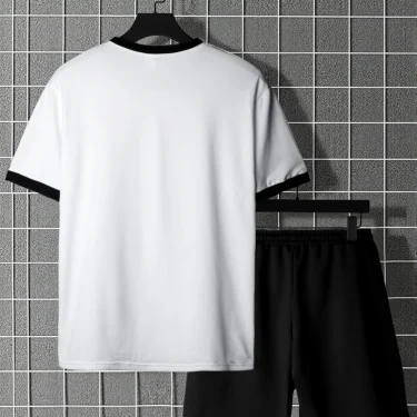 Short Sleeve Shorts Set, White t-shirt and Black Drawstring Shorts Sets, Men's Set 2