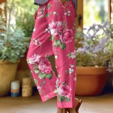 2025 Summer Women's New Drawstring Trousers Printed Elastic Waist Pants Boho Lace Trousers Set Women's Office Commuter Trousers 2