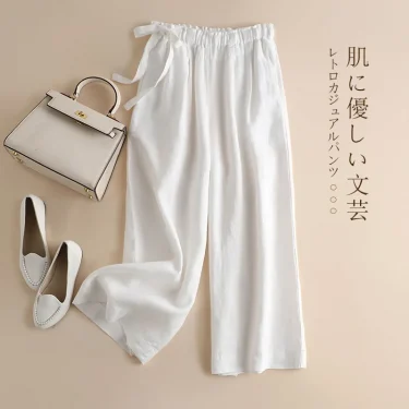 New Italy 100% Linen Pants Women Brand Trousers For Girls Casual Breathable Elastic Waist Wide Leg Plus Size M-3XL Pantalones 2