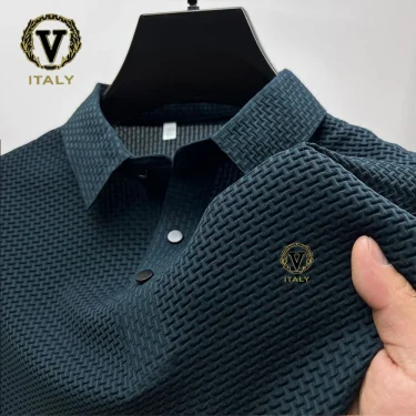 Trendy Printing Ice Silk Elastic Polo Shirt 2024 Summer T-shirt Men's Clothing Short Sleeved 1