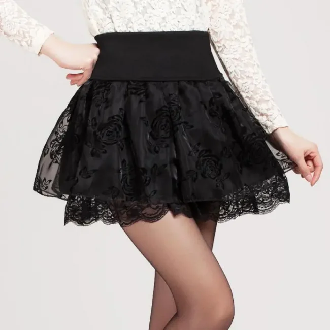 Zuolunouba Summer Slim Preppy Skirt Women Flower Bow Mini Tutu Style Elasticity Lace Skirts Shorts Lady High Waist Student 1