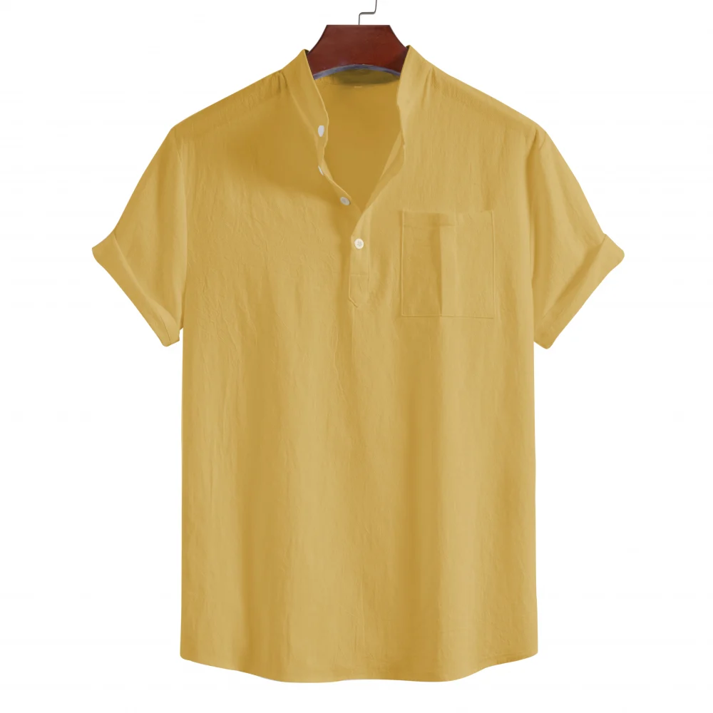 Men's summer pure cotton casual short-sleeved stand-up collar shirt, four-button solid color pullover for men 4